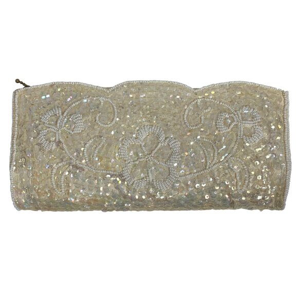 La Regale Vintage Ivory Beaded Sequin Floral Evening Clutch Purse With Box - Picture 3 of 10